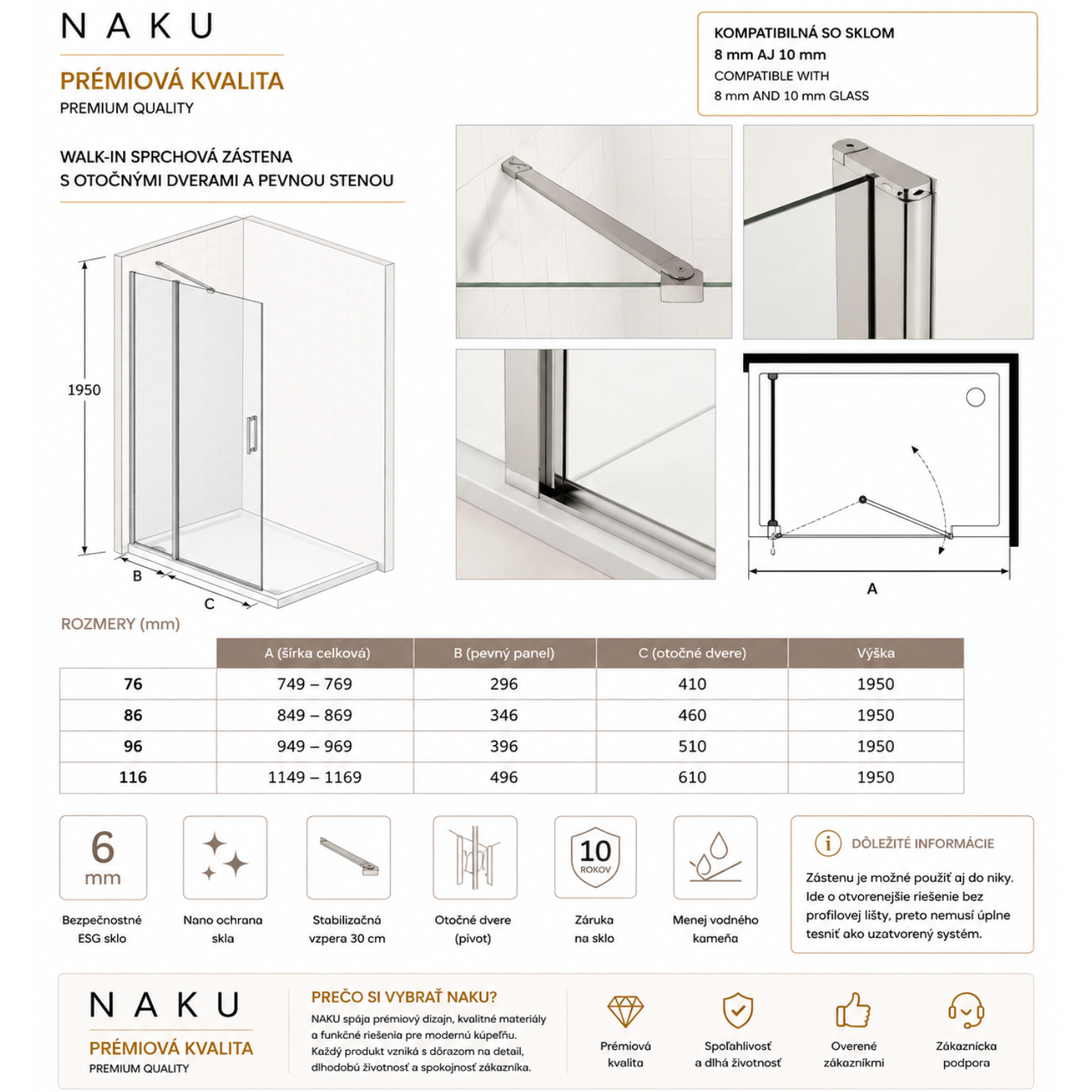 Technický nákres – Walk-in sprchová zástena 6 mm s otočnými dverami a pevnou stenou | NAKU