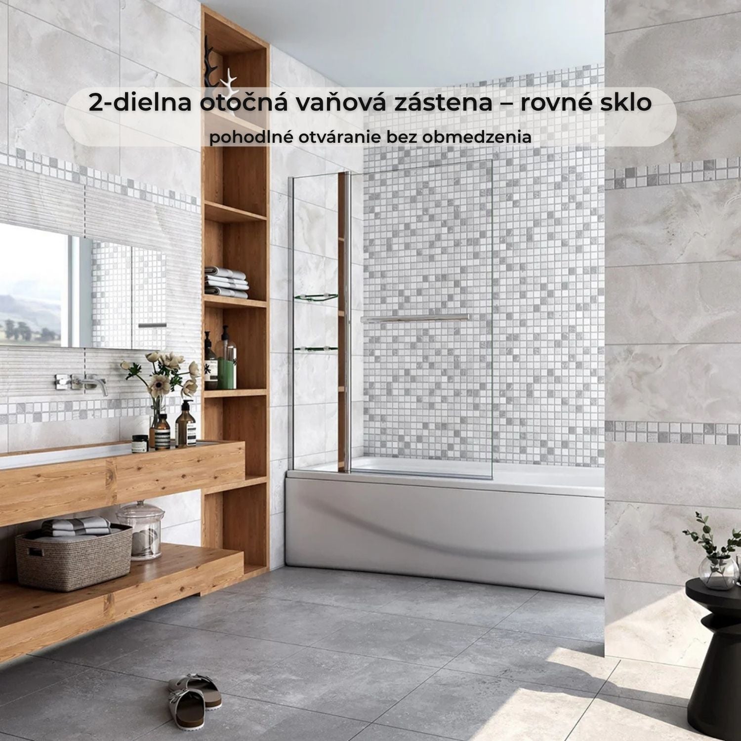 2-dielna otočná vaňová zástena s rovným sklom a chrómovým profilom