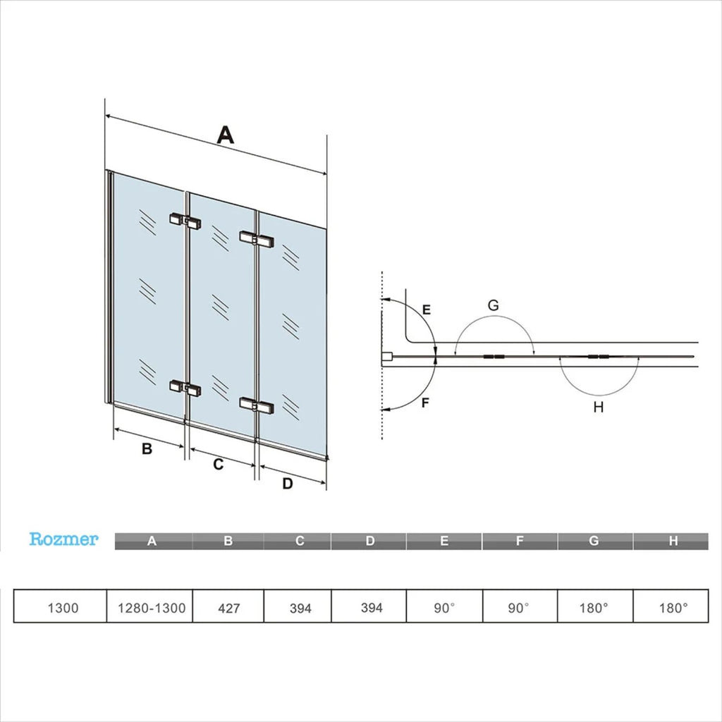 technický nákres vaňovej zásteny 130 × 140 cm rozmery