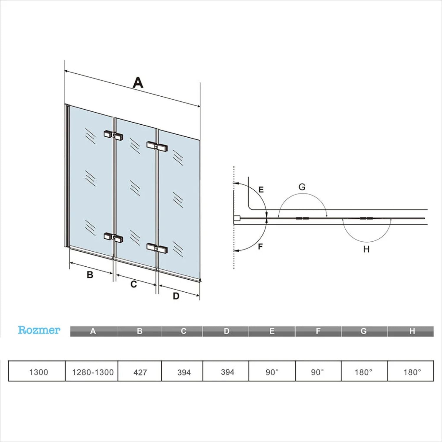 technický nákres vaňovej zásteny 130 × 140 cm rozmery