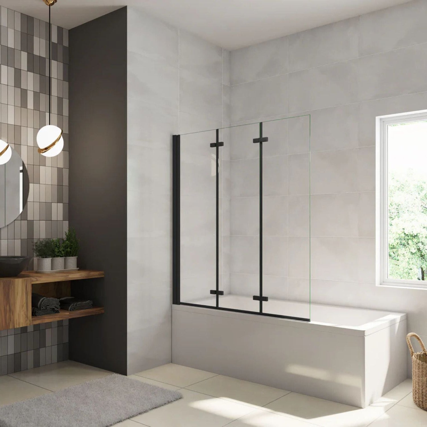 3-dielna vaňová zástena čierna 130 × 140 cm – pohľad spredu