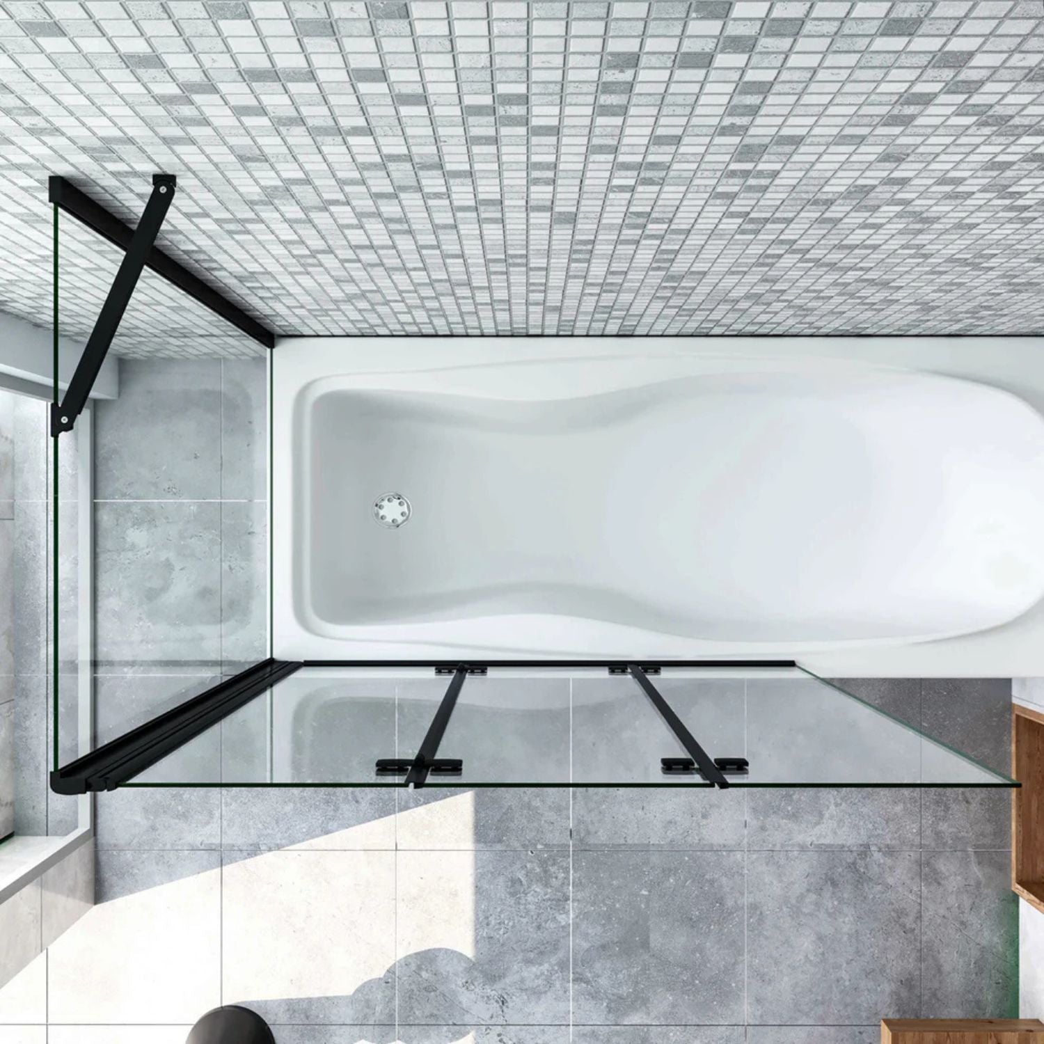 Vaňová zástena 3-dielna s panelom – pohľad zhora na konštrukciu