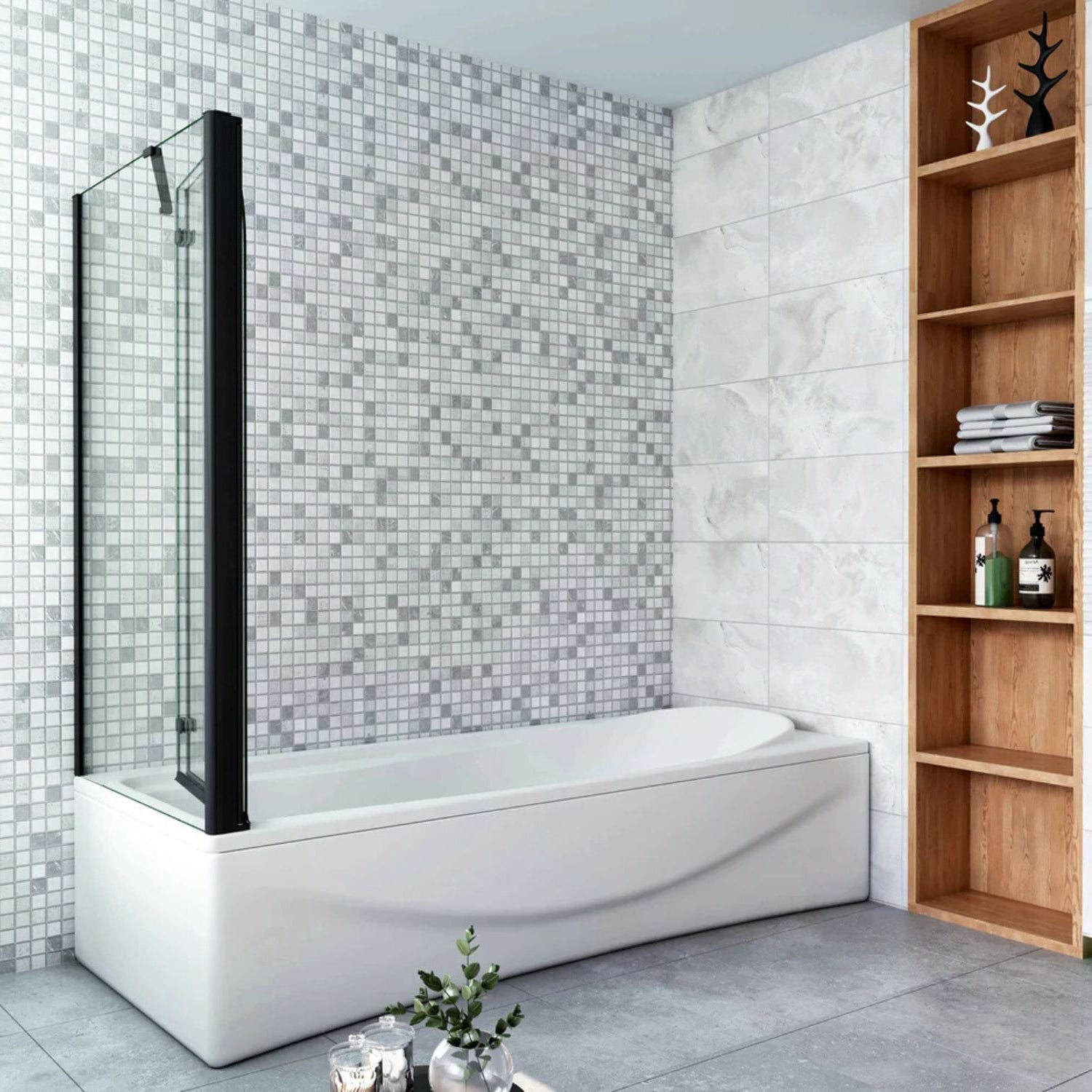 Vaňová zástena s bočným panelom čierna, kombinácia pevného a skladacieho skla