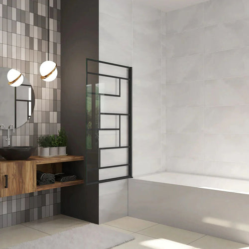 Otočná vaňová zástena s čiernym rámovým vzorom – otvorenie do priestoru - 