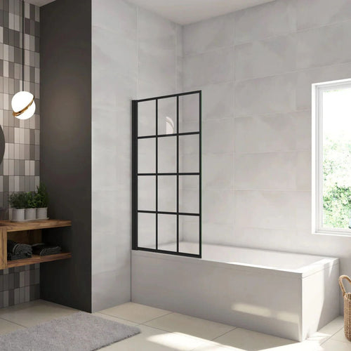 Vaňová zástena otočná 80 × 140 cm čierna – číre sklo s čiernym vzorom, zatvorený stav