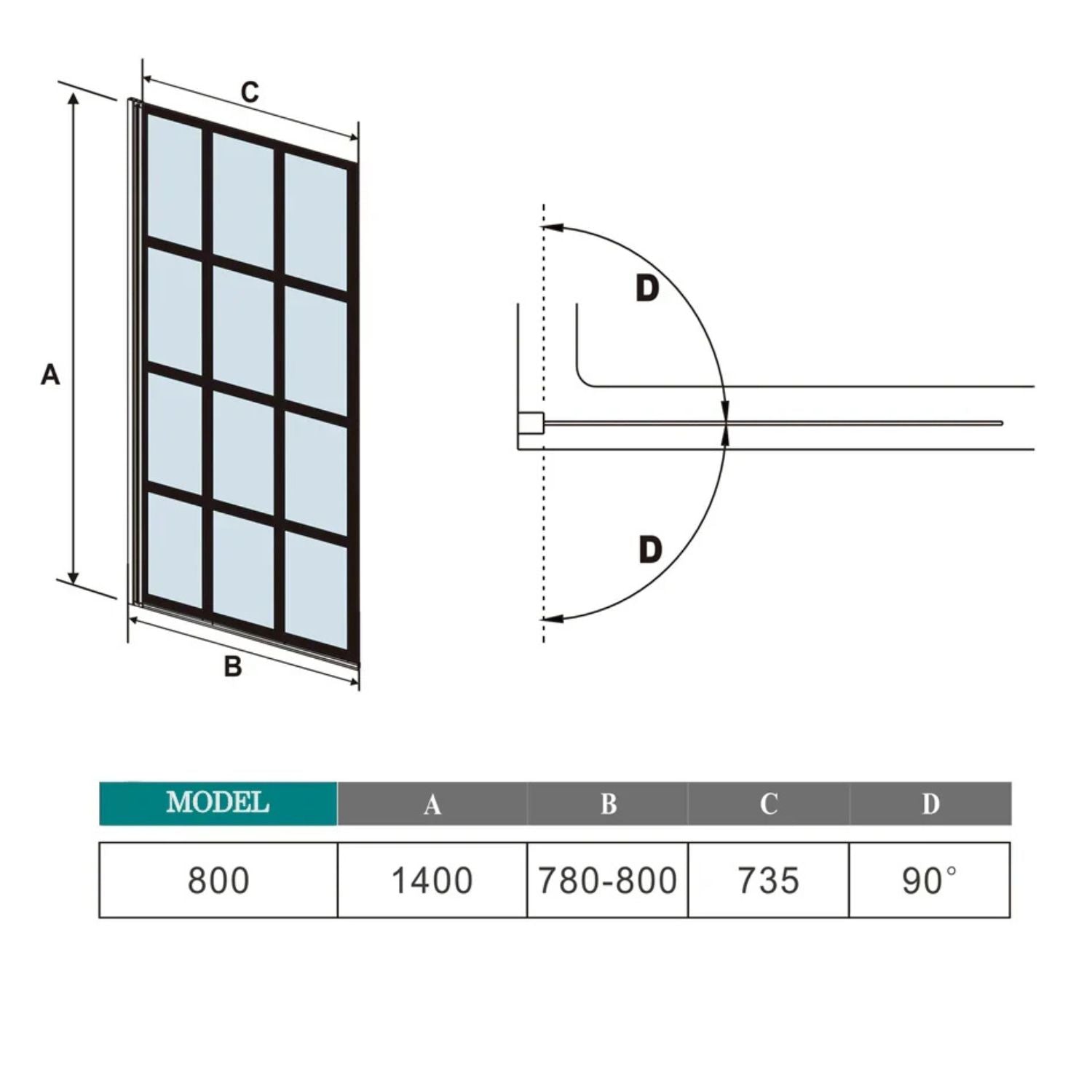 Technický nákres vaňovej zásteny 80 × 140 cm – rozmery a uhol otvárania 90°