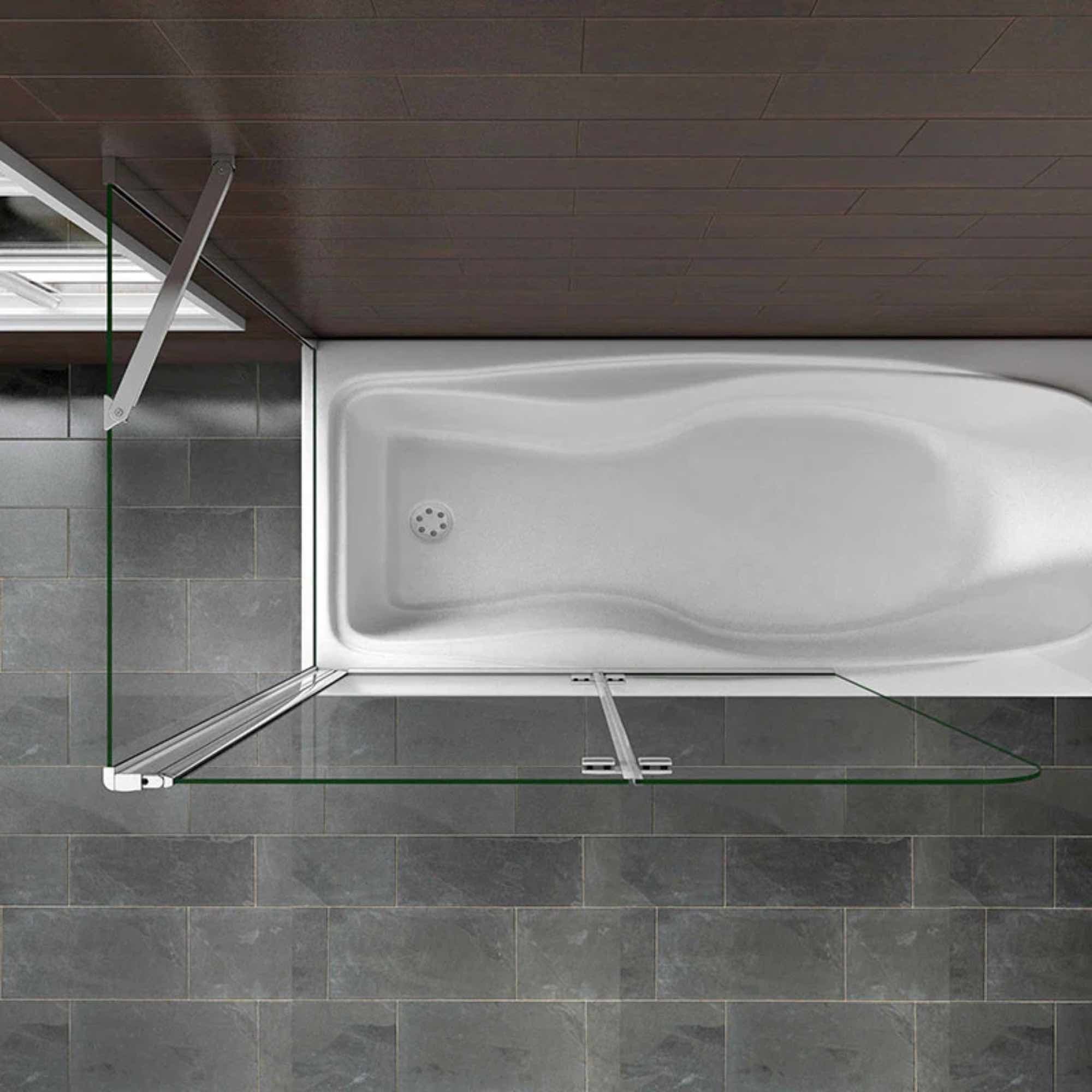 Vaňová zástena s bočným panelom – pohľad zhora ukazuje kompletnú ochranu proti striekaniu vody okolo vane