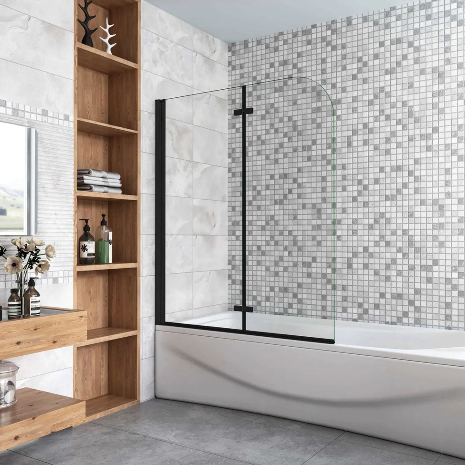 Skladacia vaňová zástena čierna 6 mm nano sklo – zatvorená