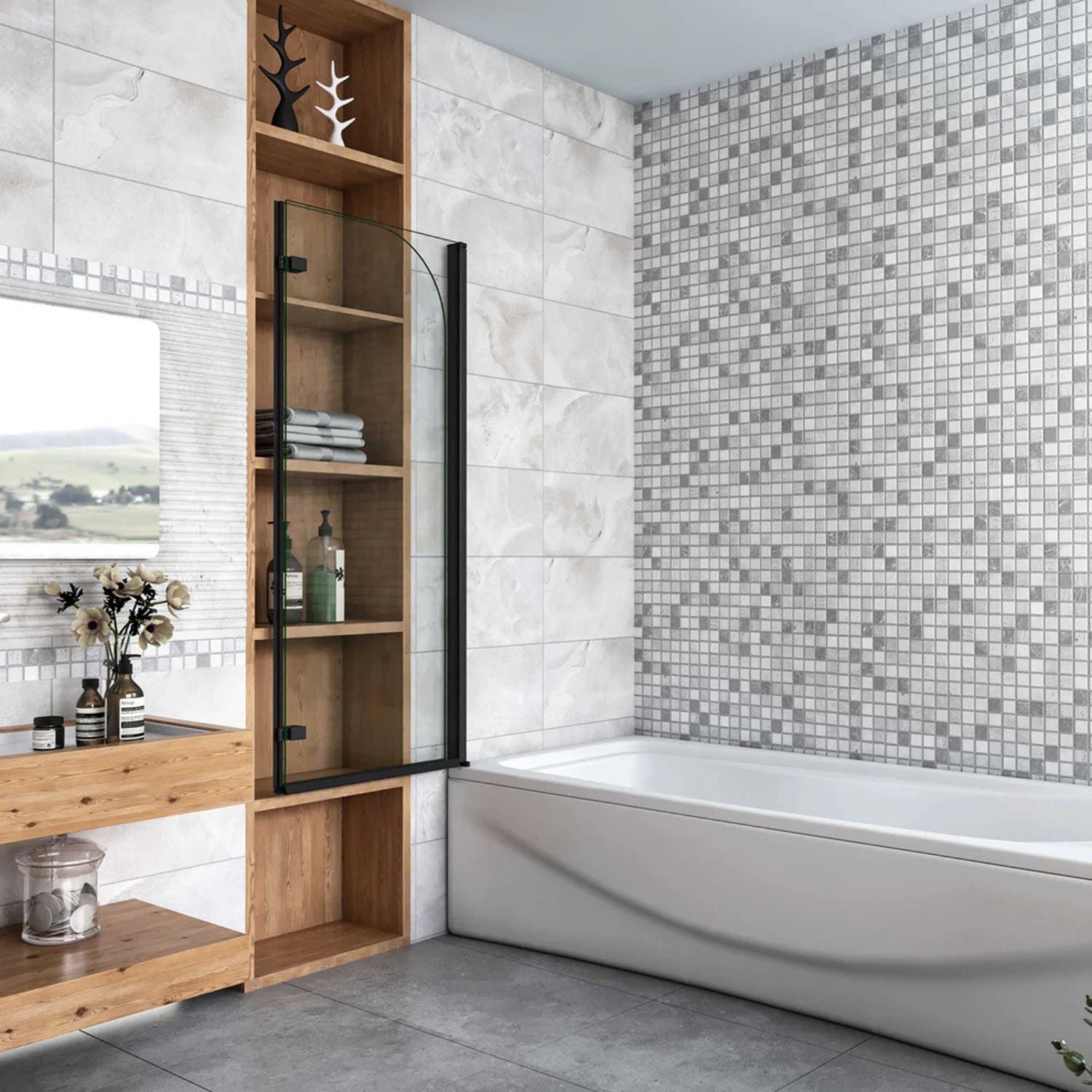 Skladacia vaňová zástena čierna 6 mm nano sklo – zatvorená