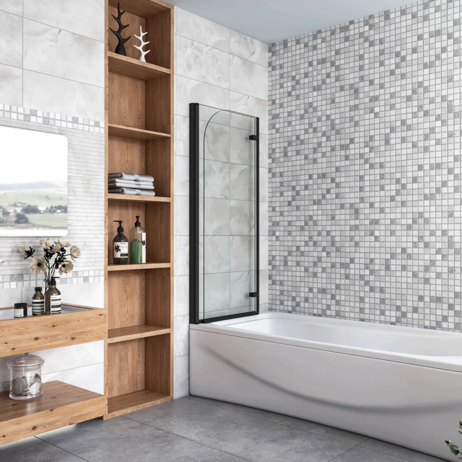 Skladacia vaňová zástena čierna – zložená pri stene