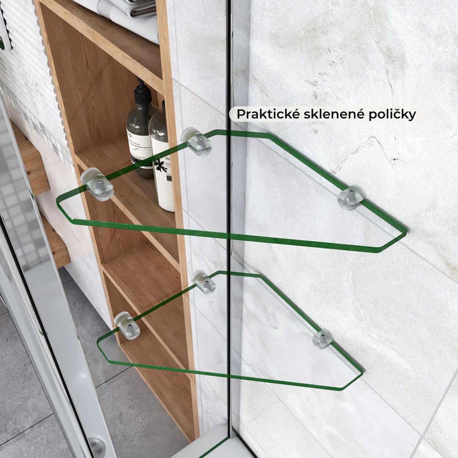 sklenené poličky na vaňovej zástene praktický úložný priestor