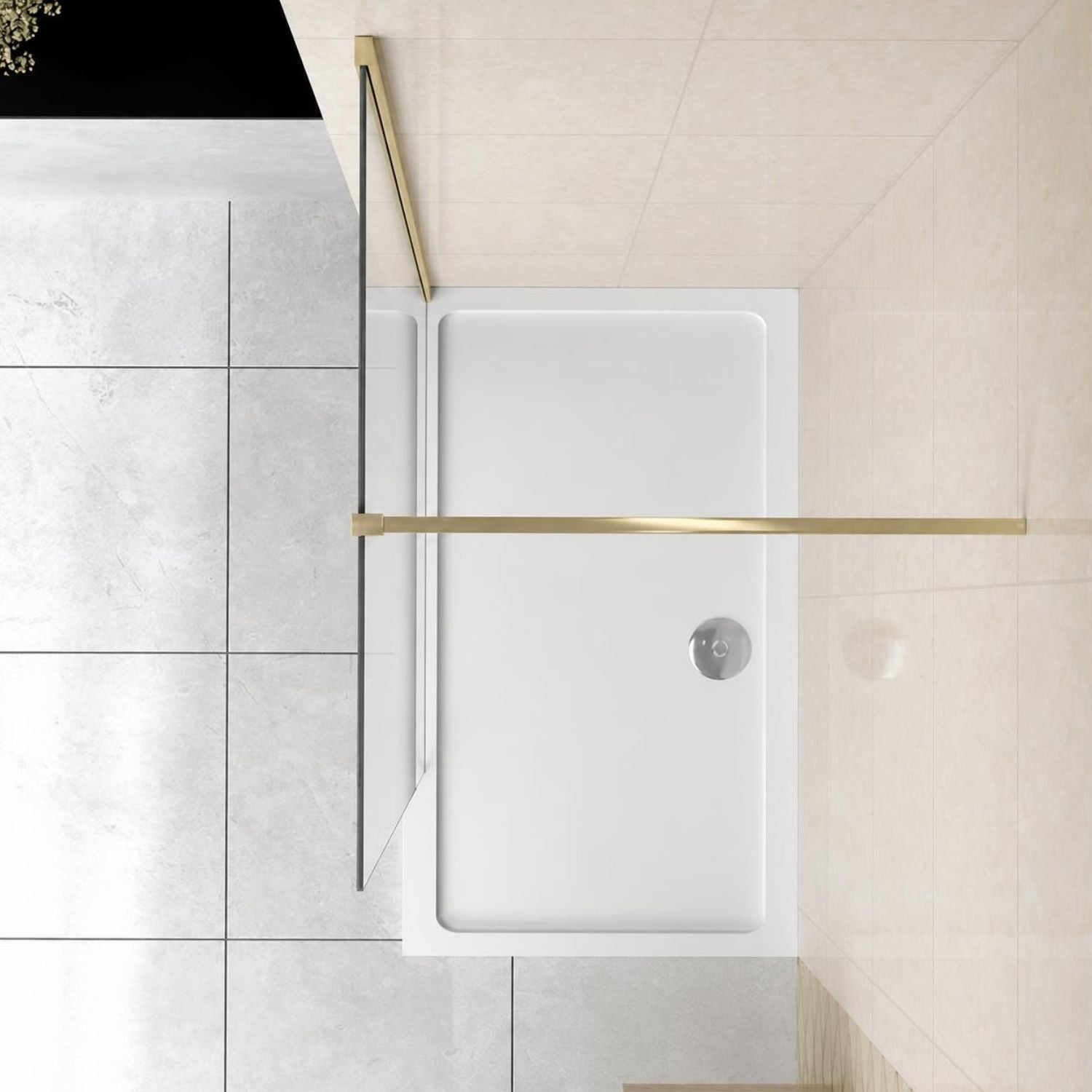 NAKU walk-in sprchová zástena s brushed brass profilom a pevná hranatá vzpera – pôdorys