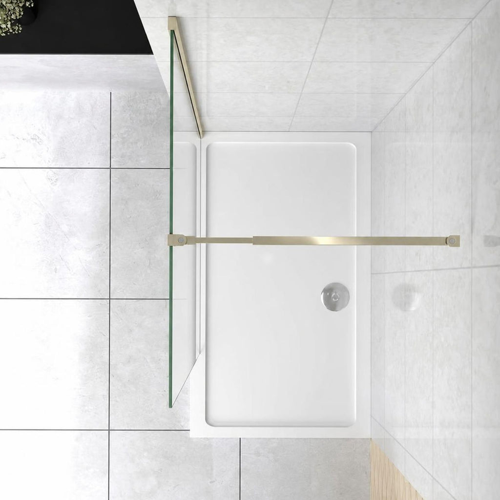 NAKU walk-in sprchová zástena s brushed brass profilom a teleskopická hranatá vzpera – pôdorys