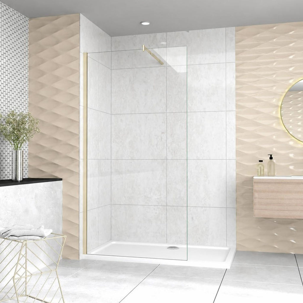 NAKU walk-in sprchová zástena s brushed brass profilom a teleskopická okrúhla vzpera – pohľad z predu