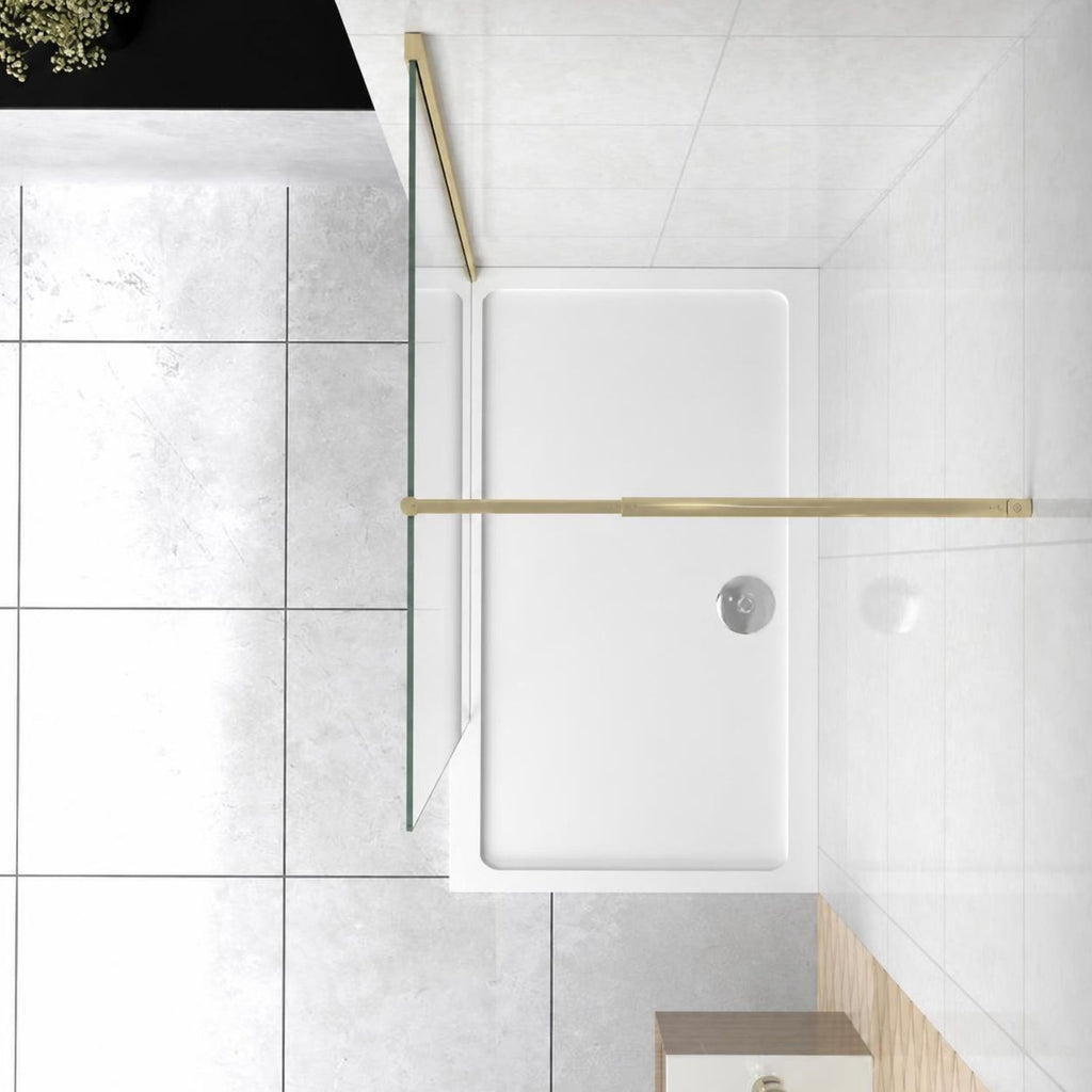 NAKU walk-in sprchová zástena s brushed brass profilom a teleskopická okrúhla vzpera – pôdorys