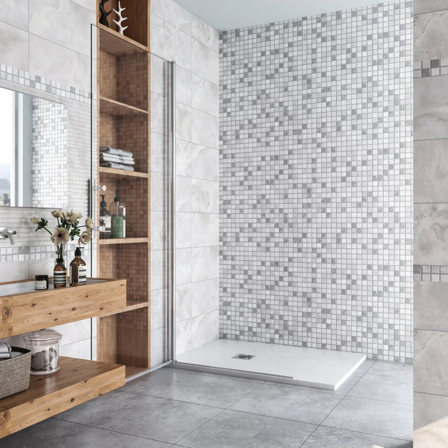 Walk-in sprchová zástena 6 mm chróm – otočné dvere otvorené do priestoru