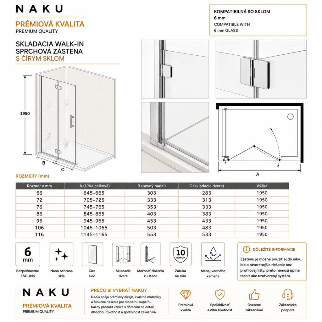 Technický nákres skladacej walk-in sprchovej zásteny NAKU, číre sklo 6 mm, chrómové profily, výška 195 cm, rozmery 66–116 cm