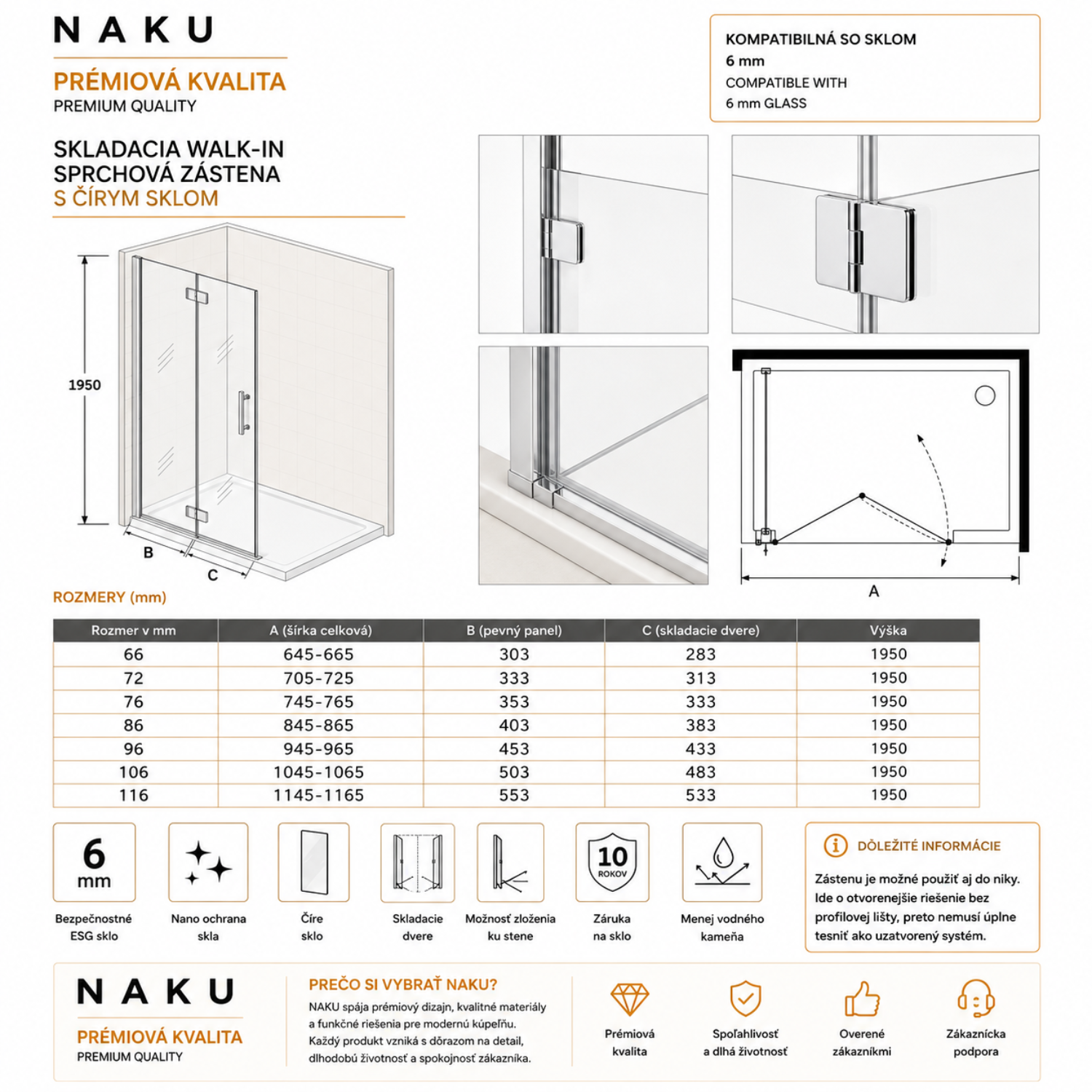 Technický nákres skladacej walk-in sprchovej zásteny NAKU, číre sklo 6 mm, chrómové profily, výška 195 cm, rozmery 66–116 cm