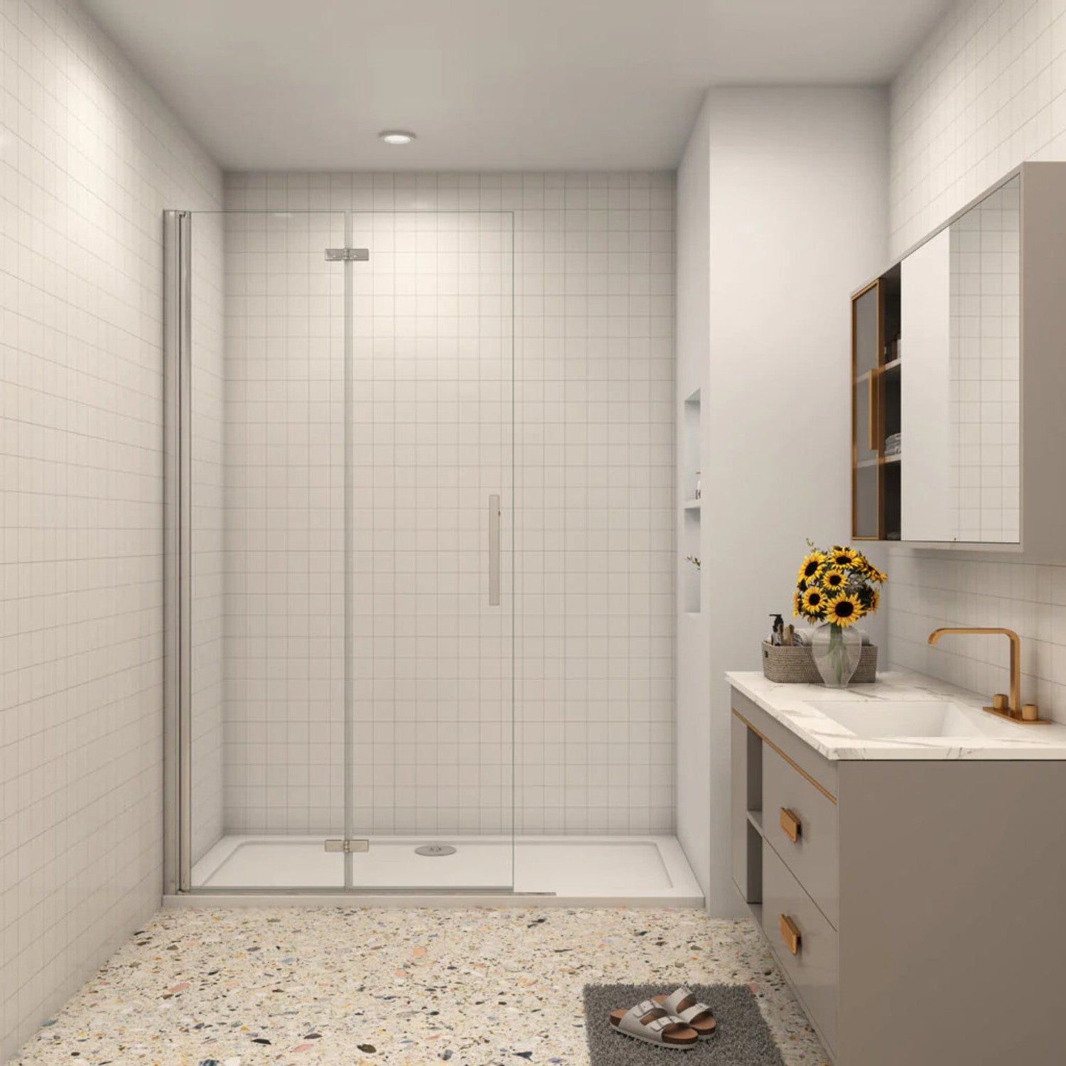 Walk-in sprchová zástena 6 mm chróm pevná stena + otočné dvere 195 cm číre sklo NAKU