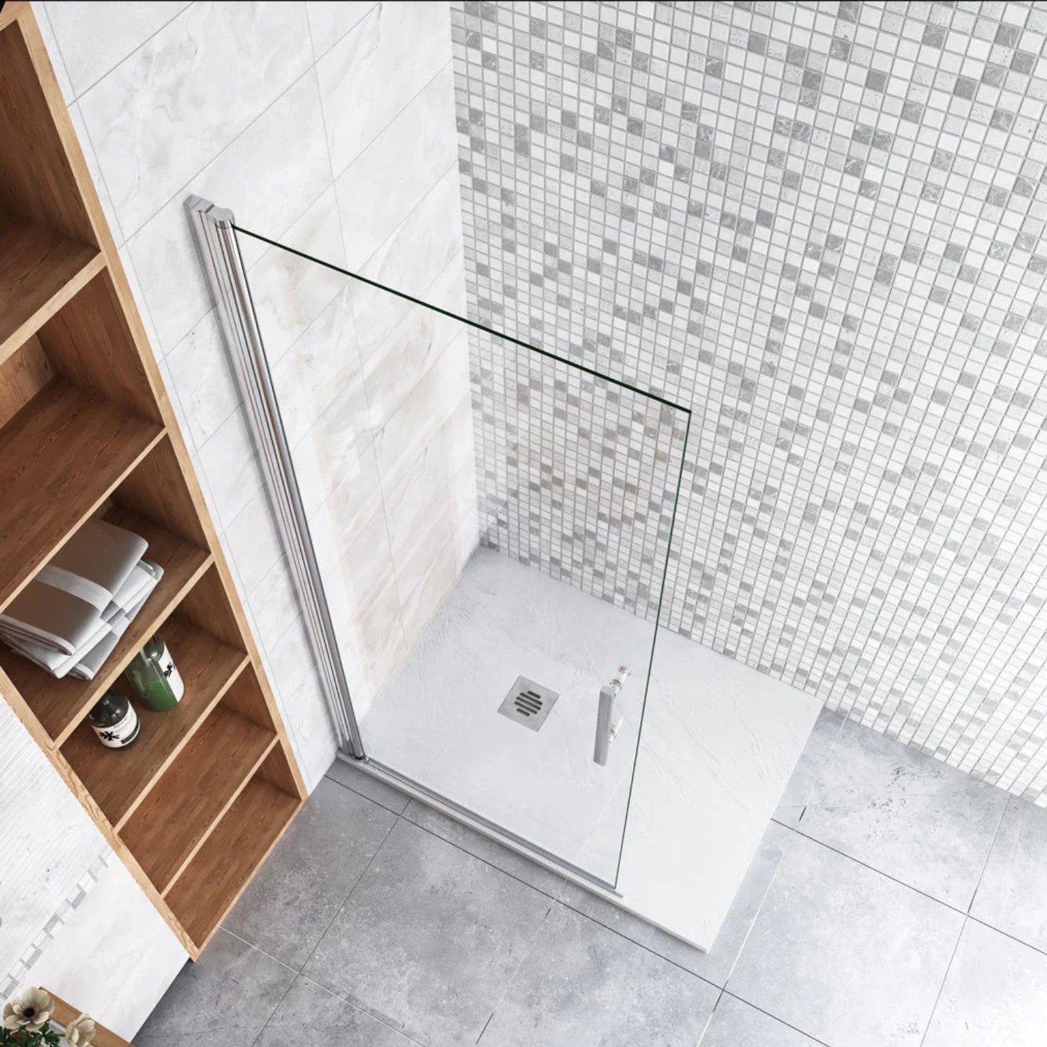 Walk-in sprchová zástena 6 mm chróm – pohľad zhora, rozloženie pevnej steny a dverí
