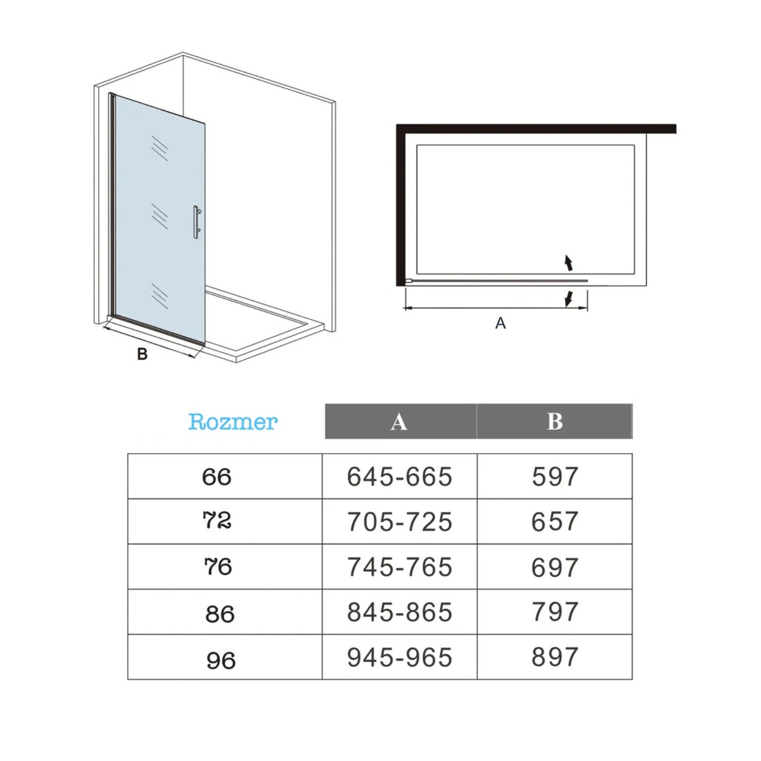 Technický výkres walk-in sprchovej zásteny 6 mm – rozmery 66 až 96 cm