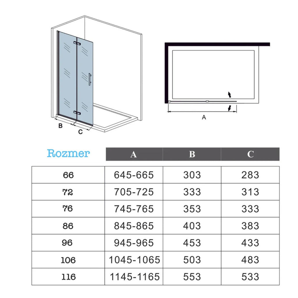 Technický nákres walk-in sprchová zástena 6 mm chróm rozmery 66 až 116 cm NAKU