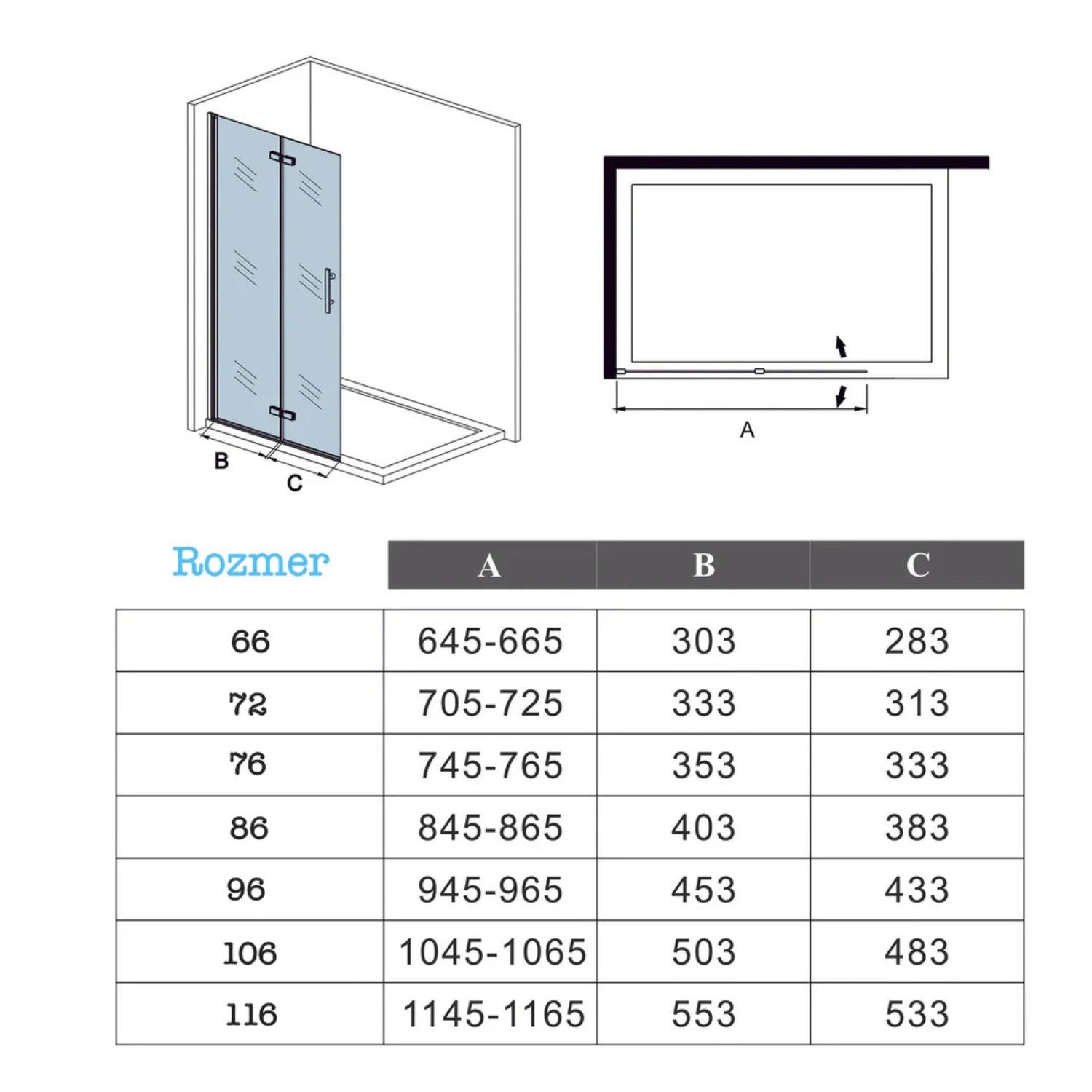 Technický nákres walk-in sprchová zástena 6 mm chróm rozmery 66 až 116 cm NAKU