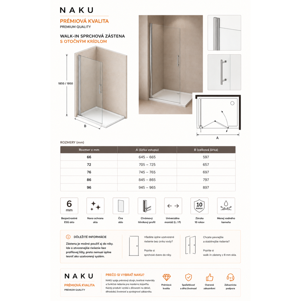 Technický výkres walk-in sprchovej zásteny 6 mm – rozmery 66 až 96 cm