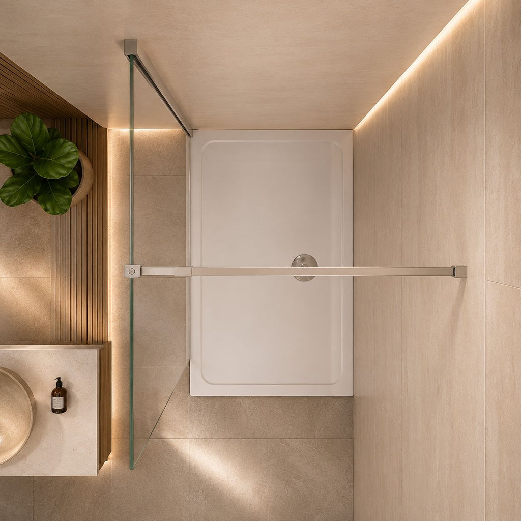 Walk-in sprchová zástena chrómový profil rozloženie sprchy pôdorys
