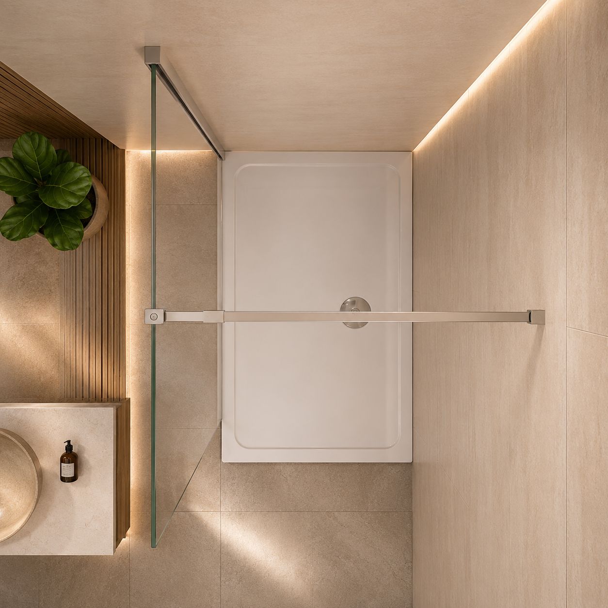Walk-in sprchová zástena chrómový profil rozloženie sprchy pôdorys