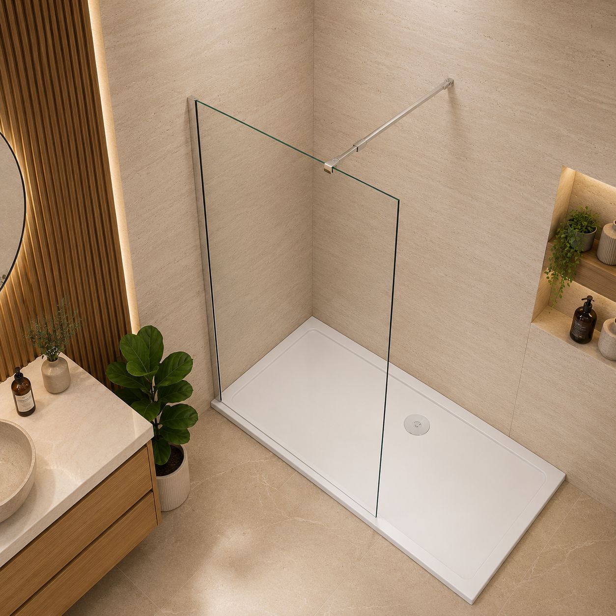 Walk-in sprchová zástena chrómový profil moderná kúpeľňa
