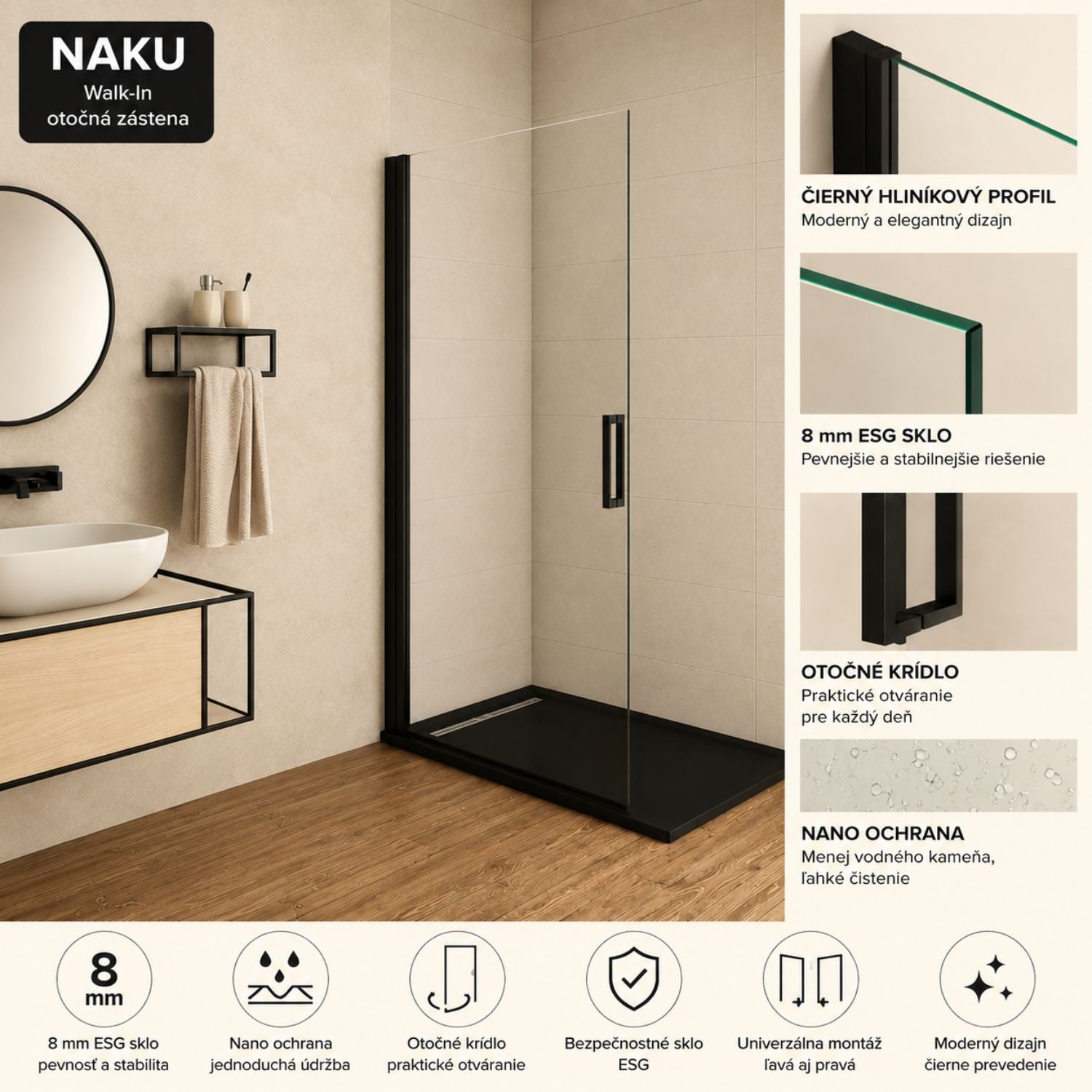 Walk-in sprchová zástena s otočným krídlom 8 mm číre sklo čierny profil NAKU - informácie o produkte
