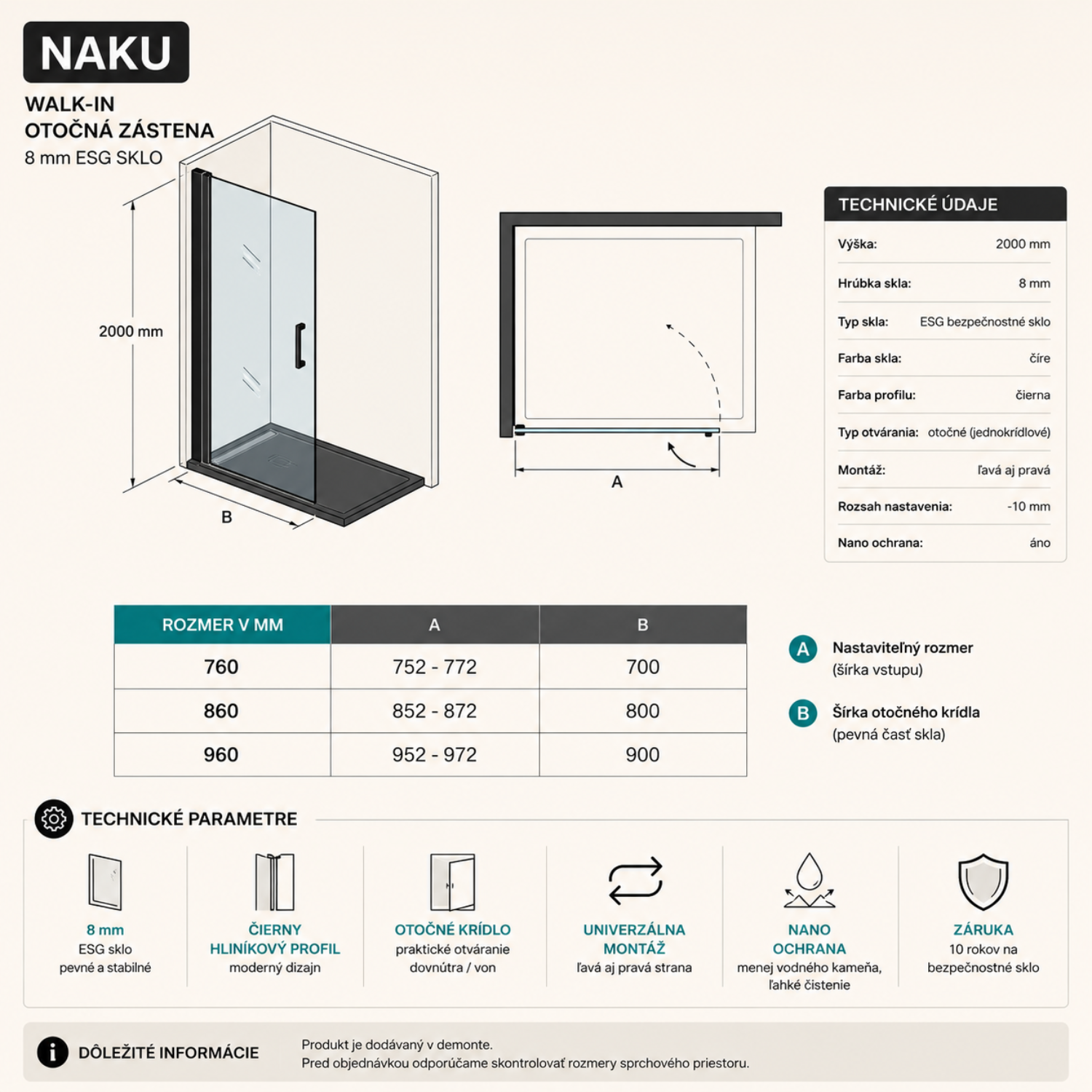 Technický nákres walk-in sprchovej zásteny s otočným krídlom 8 mm čierna