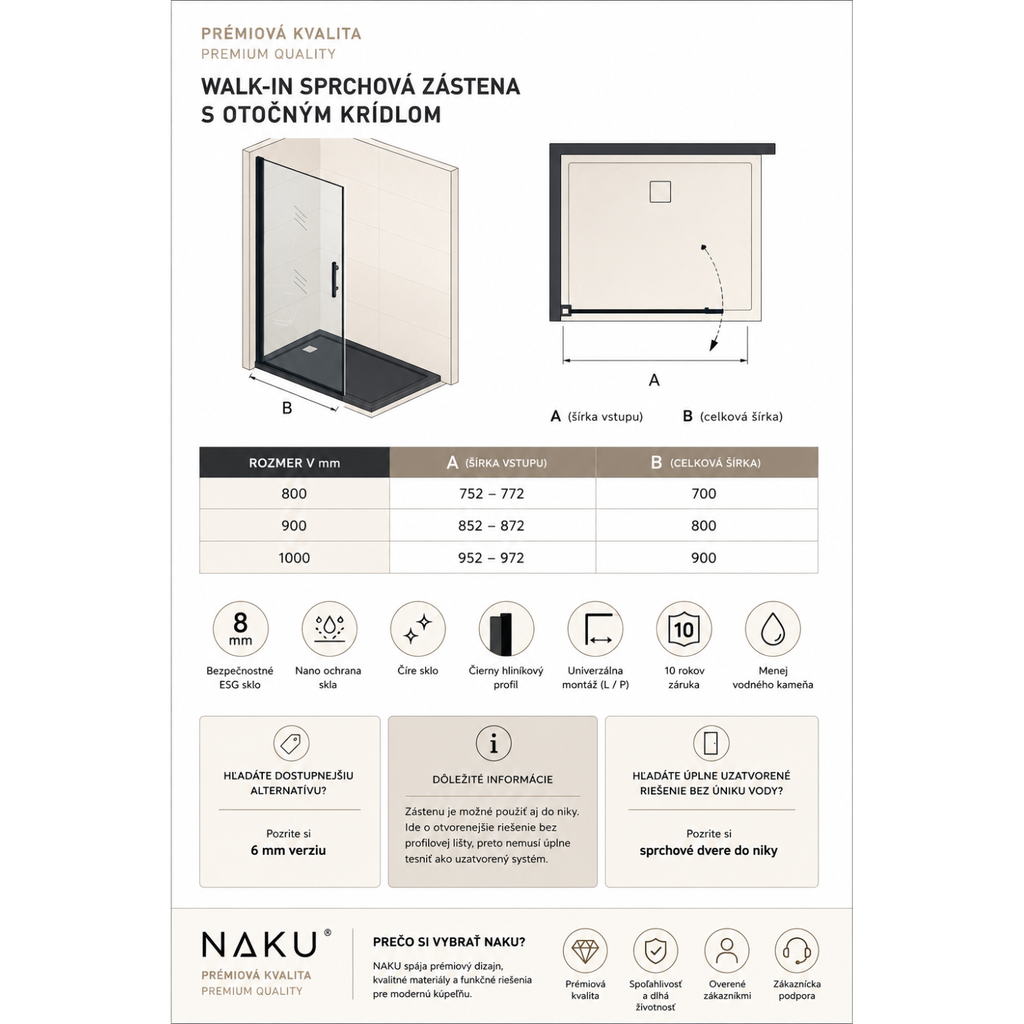 Technický nákres walk-in sprchovej zásteny s otočným krídlom 8 mm čierna