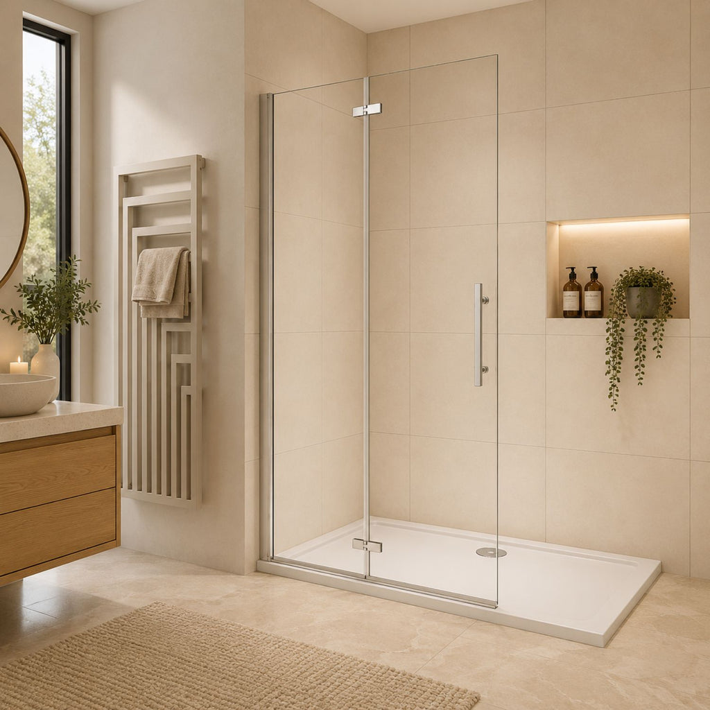 Walk-in sprchová zástena 6 mm chróm otočné dvere pohľad z boku 195 cm NAKU