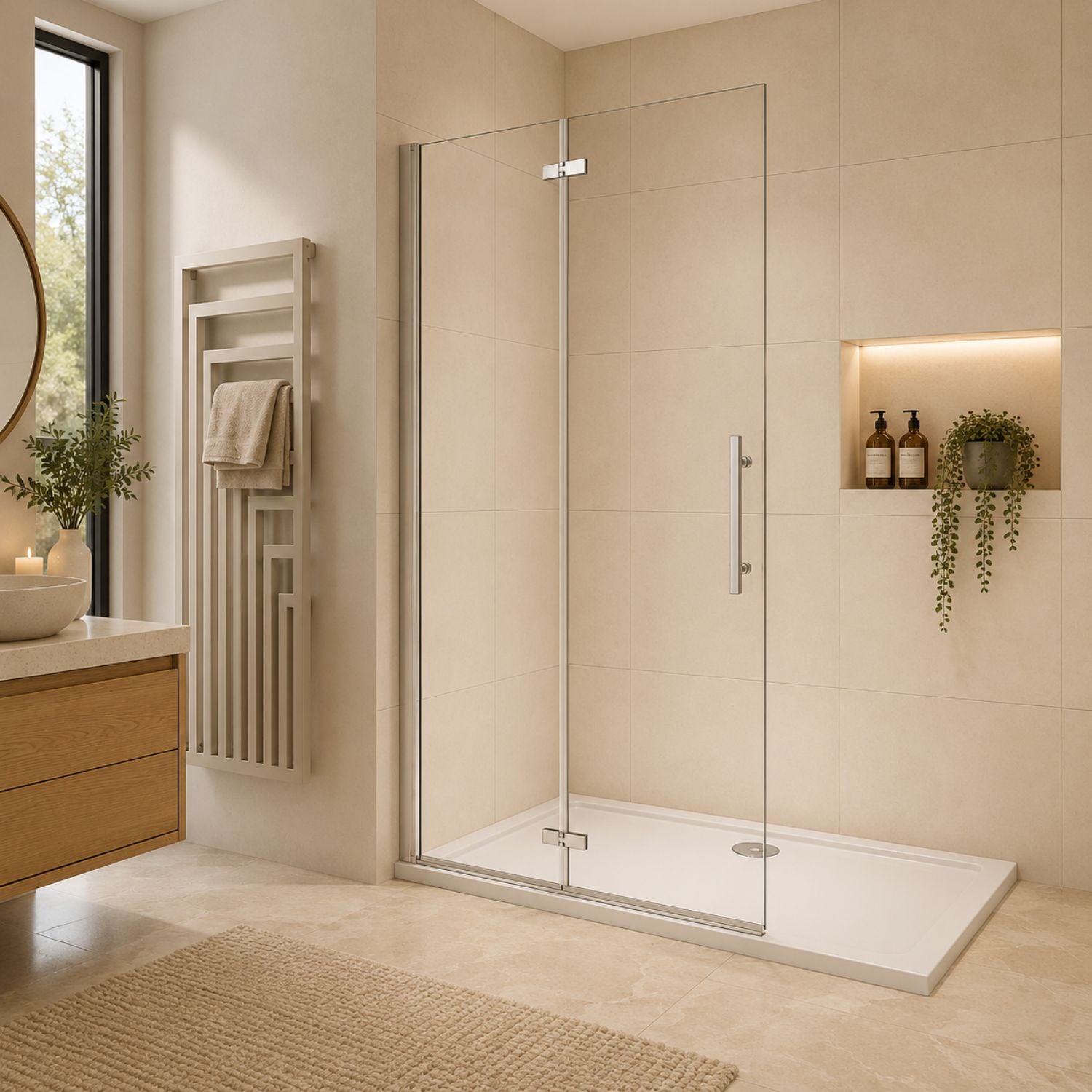 Walk-in sprchová zástena 6 mm chróm otočné dvere pohľad z boku 195 cm NAKU