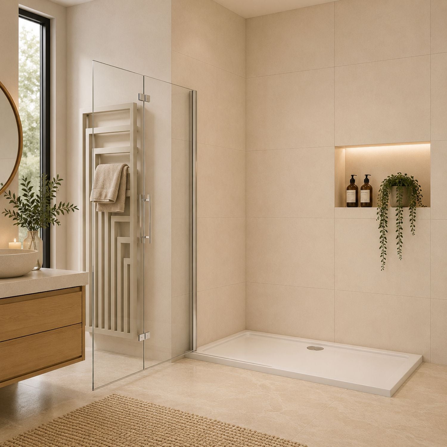 Walk-in sprchová zástena 6 mm chróm otočné dvere otvorené 195 cm NAKU