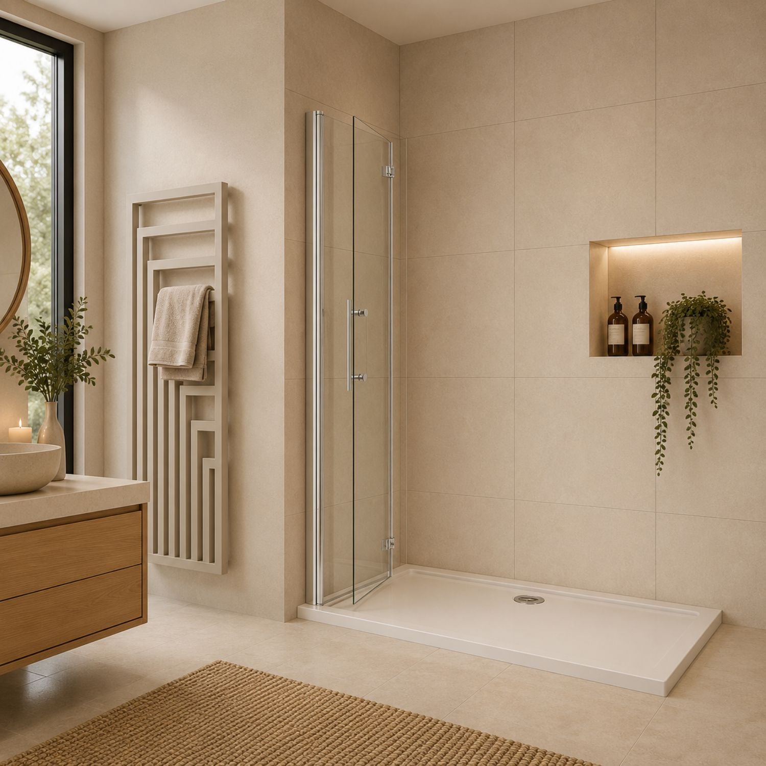 Walk-in sprchová zástena 6 mm chróm otočné dvere sklopené k stene 195 cm NAKU