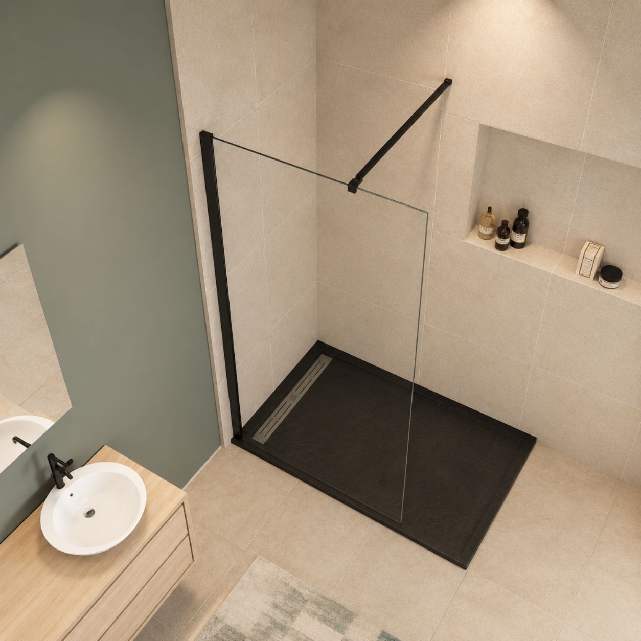 Detail walk-in sprchovej zásteny čiernej s teleskopickou hranatou vzperou – pohľad zhora