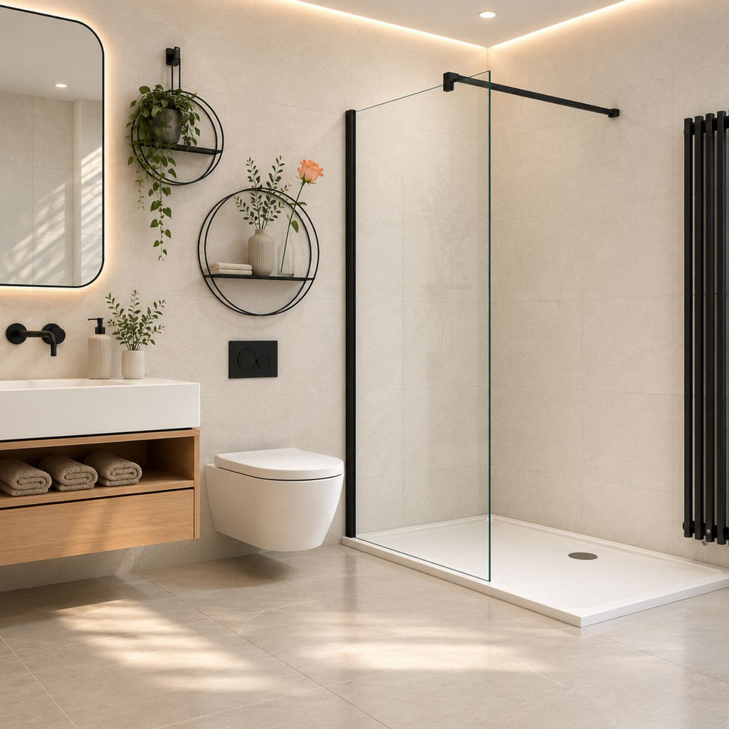 Moderná walk-in sprchová zástena s čiernou hranatou vzperou a čírym sklom