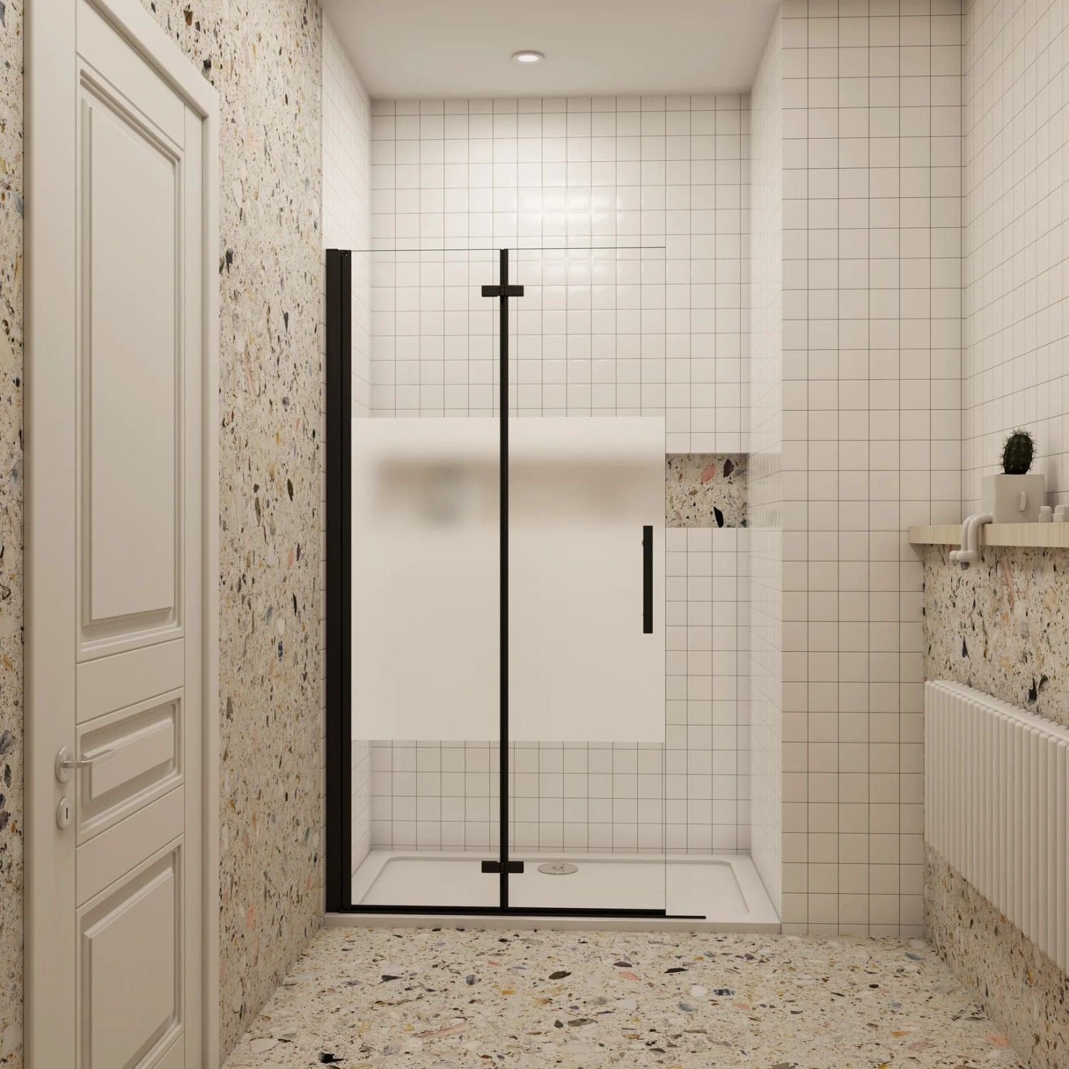 Walk-in sprchové dvere 2-dielne skladacie 6 mm čierne – privacy sklo, zatvorený stav