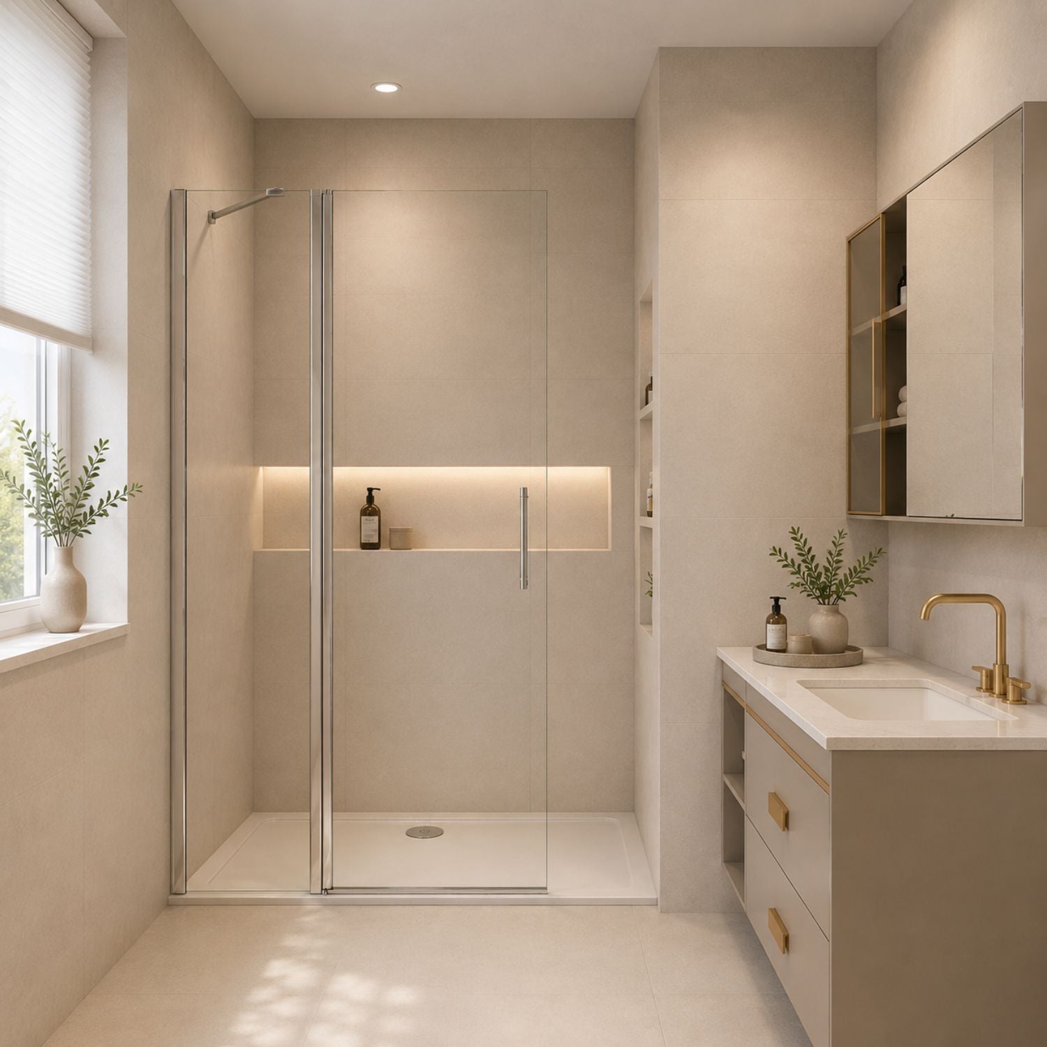 Walk-in sprchové dvere 6 mm chróm 76–116 cm – pevná stena a otočné dvere zatvorené