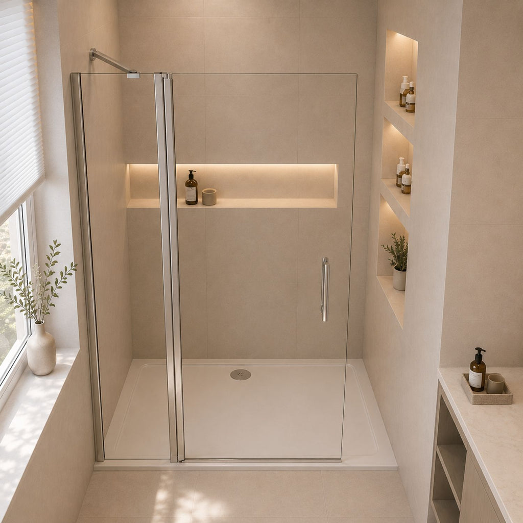 Walk-in sprchové dvere 6 mm chróm – pohľad z hora pevná stena a otočné krídlo