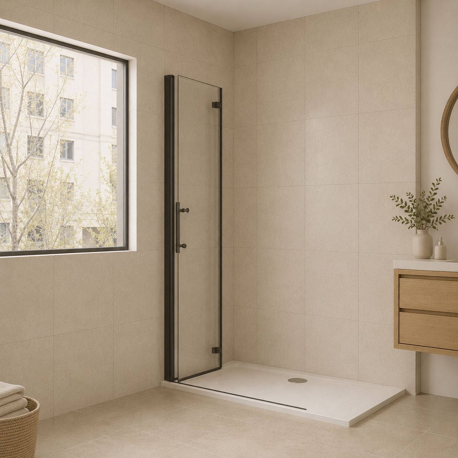 Skladacie walk-in sprchové dvere čierne – zložené ku stene pre viac priestoru