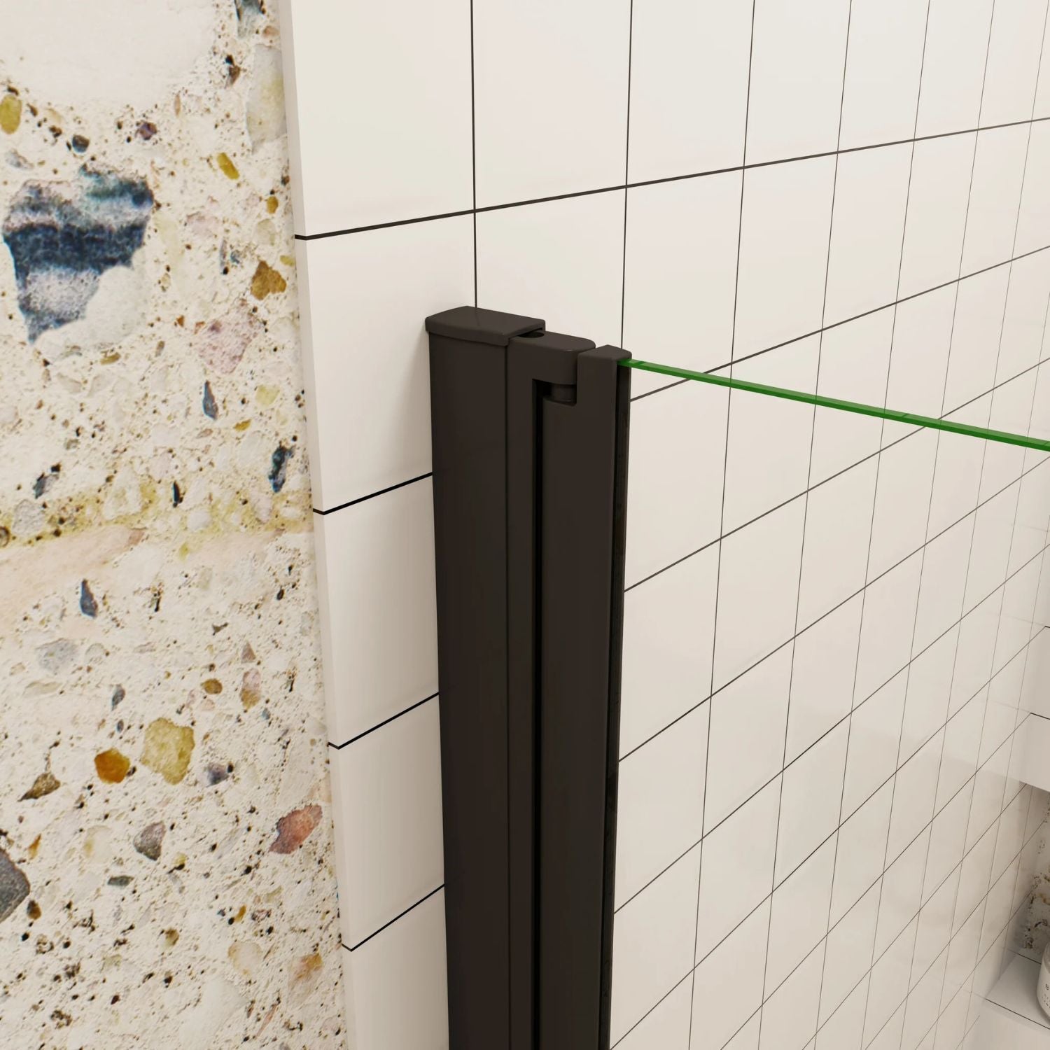 Detail čierneho profilu walk-in sprchových dverí – pevná konštrukcia