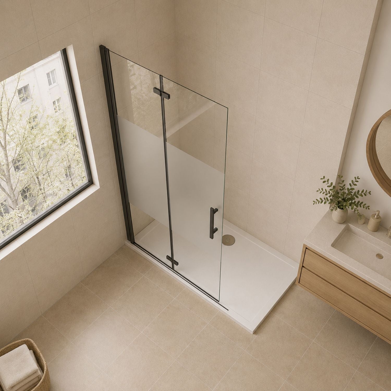 Skladacie walk-in sprchové dvere čierne – pohľad zhora, detail rozloženia panelov