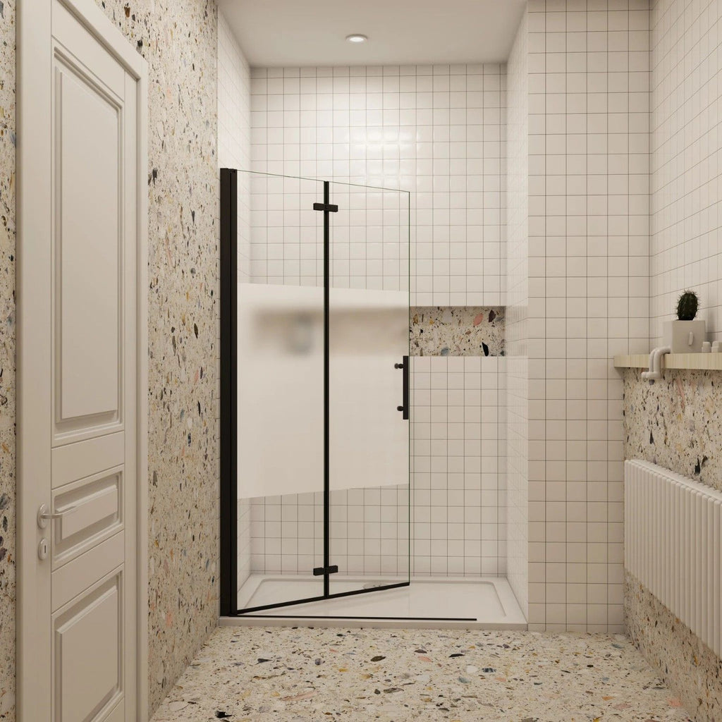 Walk-in sprchové dvere skladacie 6 mm čierne – otváranie do priestoru, privacy sklo