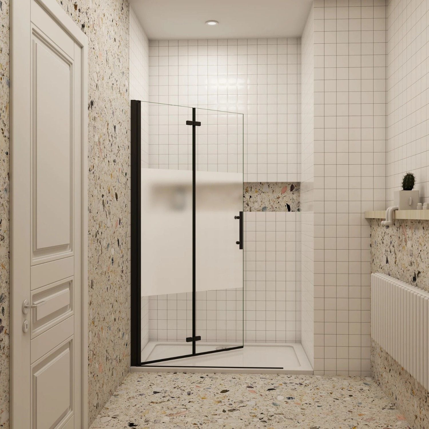 Walk-in sprchové dvere skladacie 6 mm čierne – otváranie do priestoru, privacy sklo