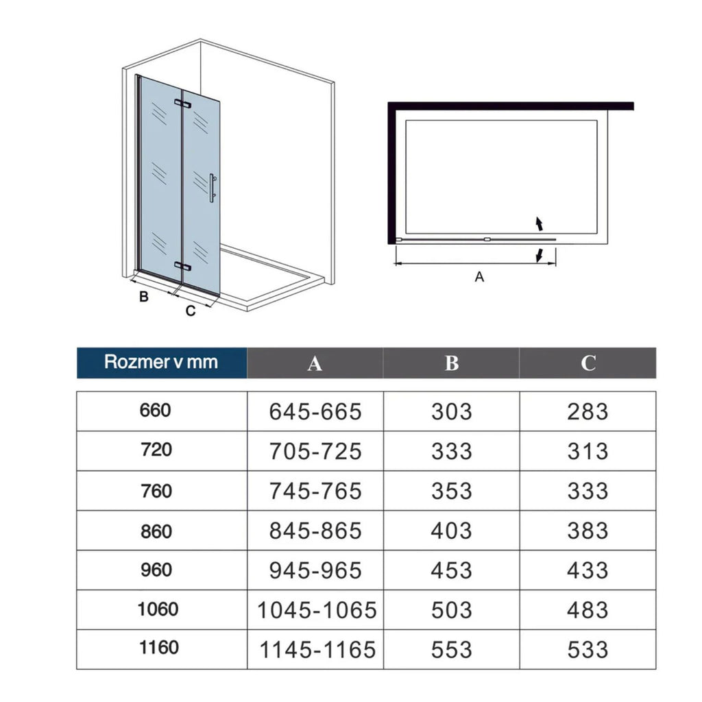 Technický výkres skladacích walk-in sprchových dverí 6 mm – rozmery 660 až 1160 mm