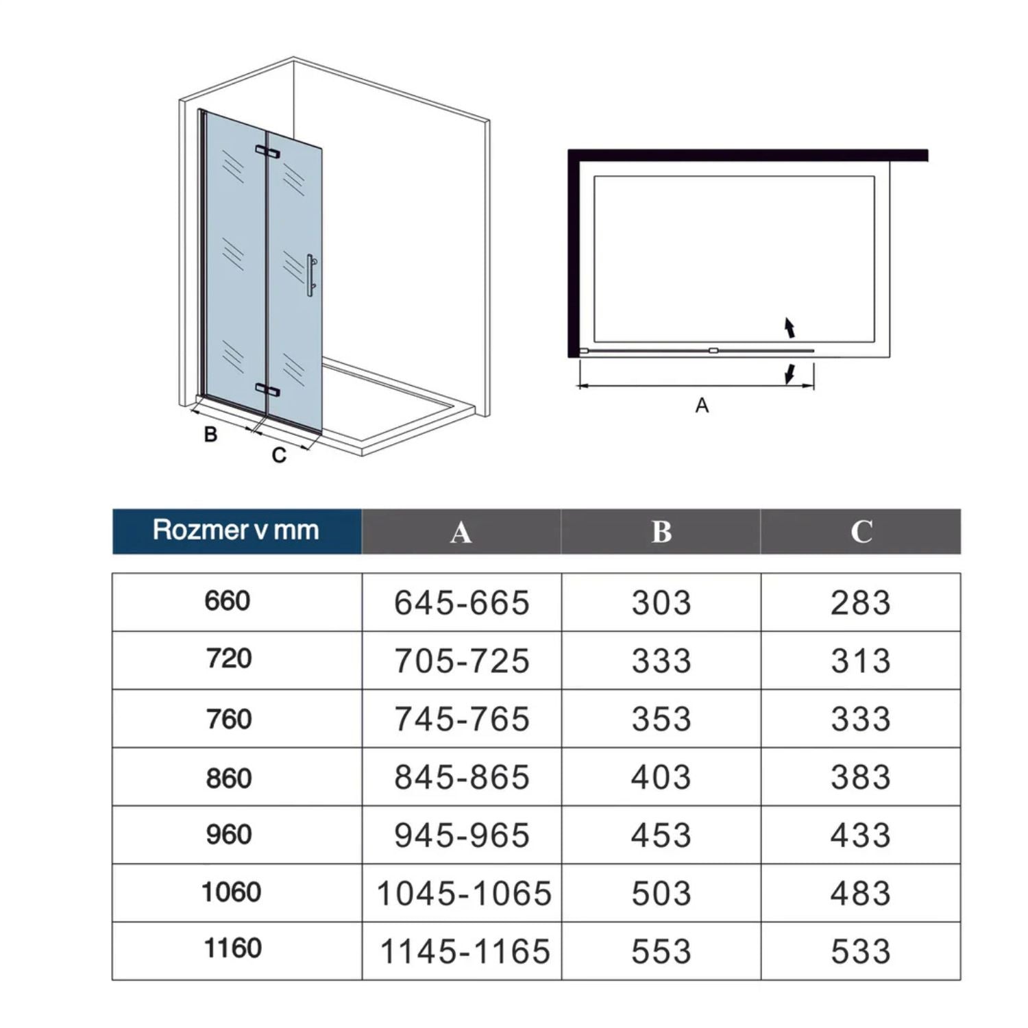 Technický výkres skladacích walk-in sprchových dverí 6 mm – rozmery 660 až 1160 mm